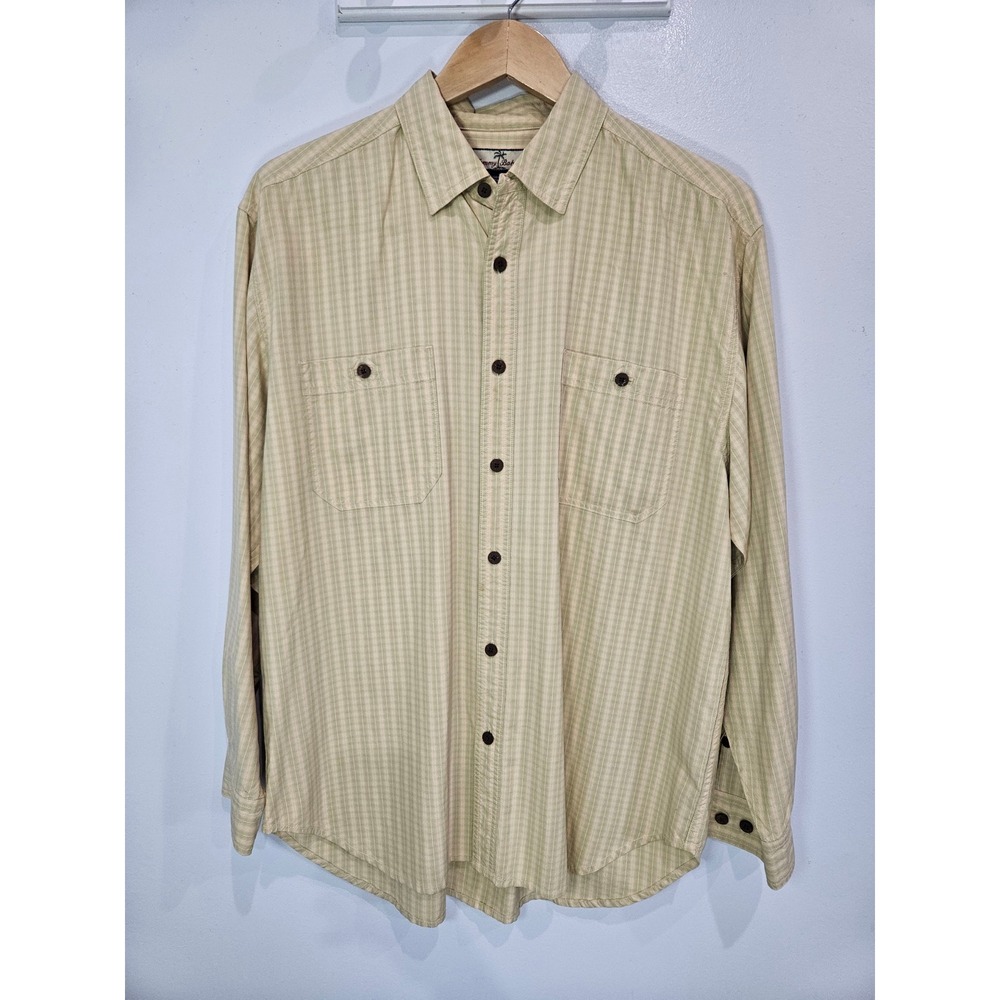 Tommy Bahama Mens Medium 100% Silk Plaid Long Sleeve Button Down Shirt Green Tan
